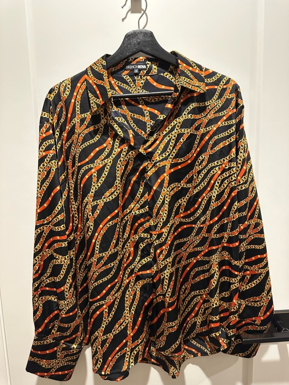 Fashion Nova Black Shirt with Gold Chain & Orange Accent